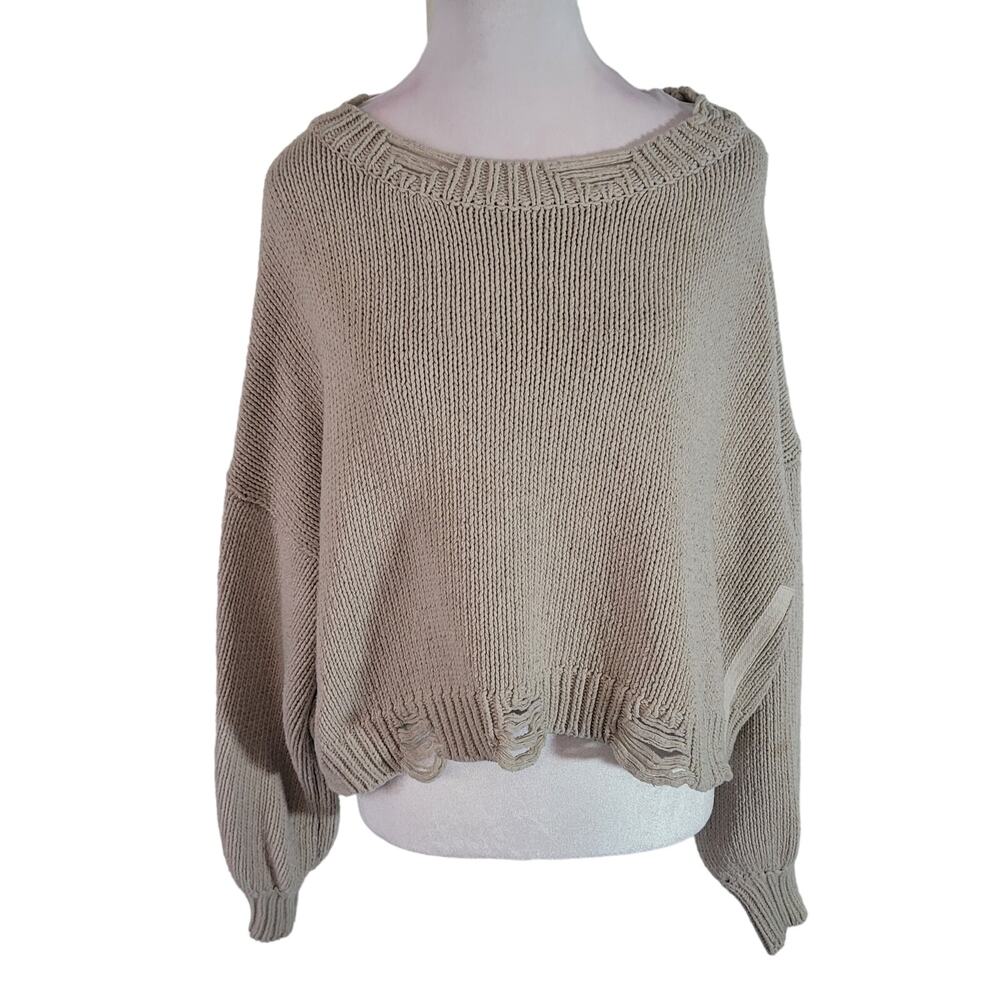 POL Size M Women's Beige Side Stripe Distressed Hem Crewneck Knit Sweater